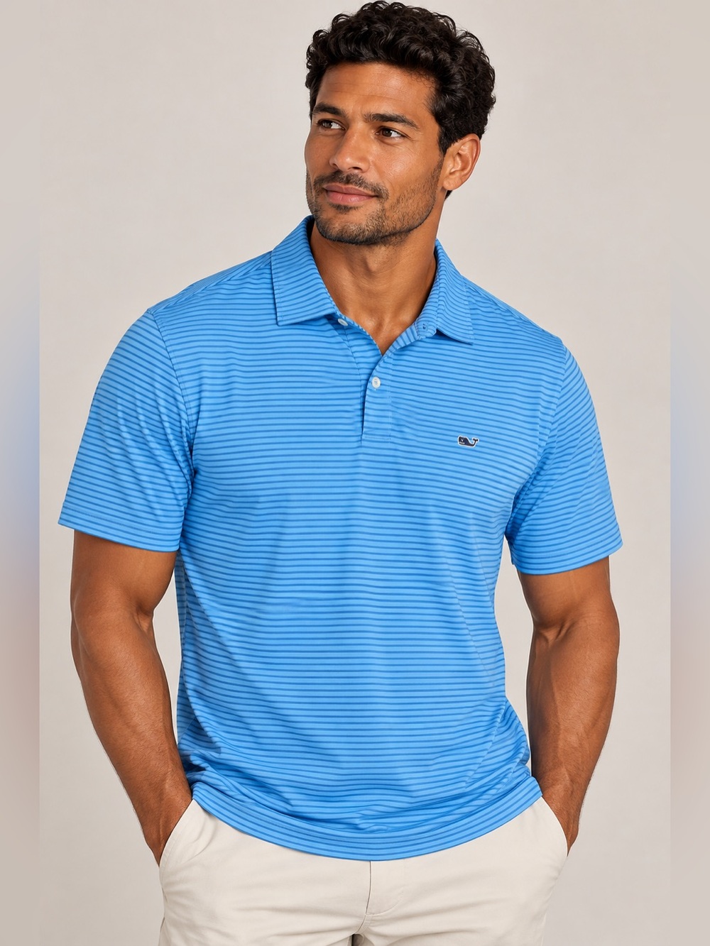 Vineyard Vines Men’s Performance Polo Blue Striped Whale Logo Size XL